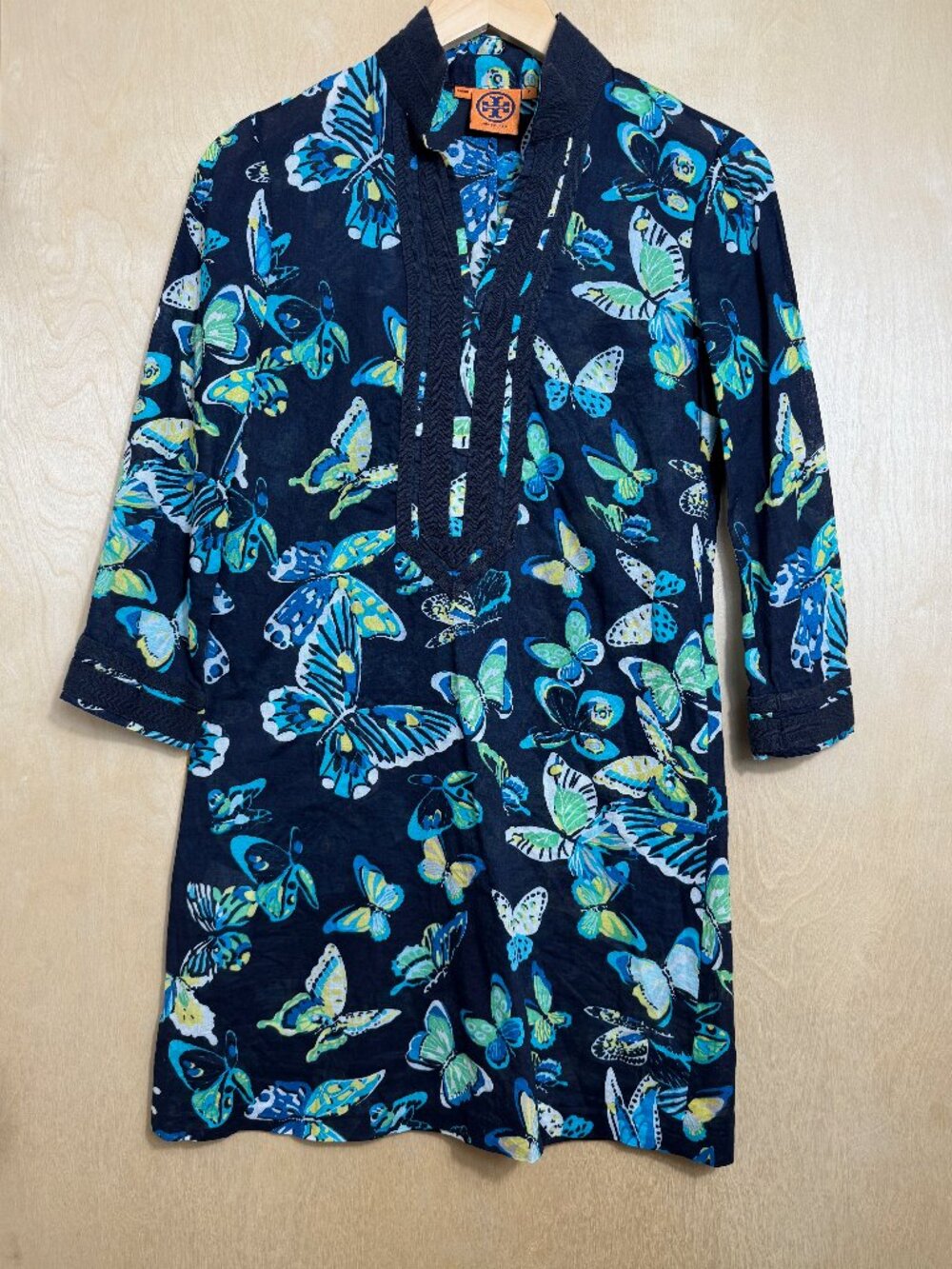 Tory Burch Sz 2 Navy Blue and Green Butterfly Tunic Top Lightweight Cotton
